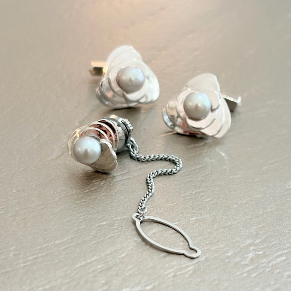 Vintage 925 Sterling Silver Gray Pearl Cufflinks Tie Pin Matching Set Estate MCM